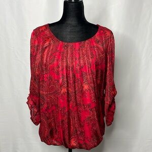 Sara Michelle Red Paisley Top with Ruched Tiered Sleeves | Size L